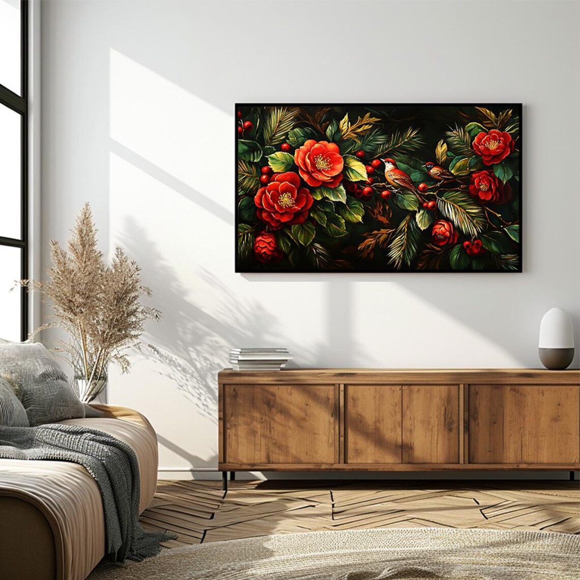 Red Camellias With Songbirds Moody Floral Panorama Painting Poster - Image 4