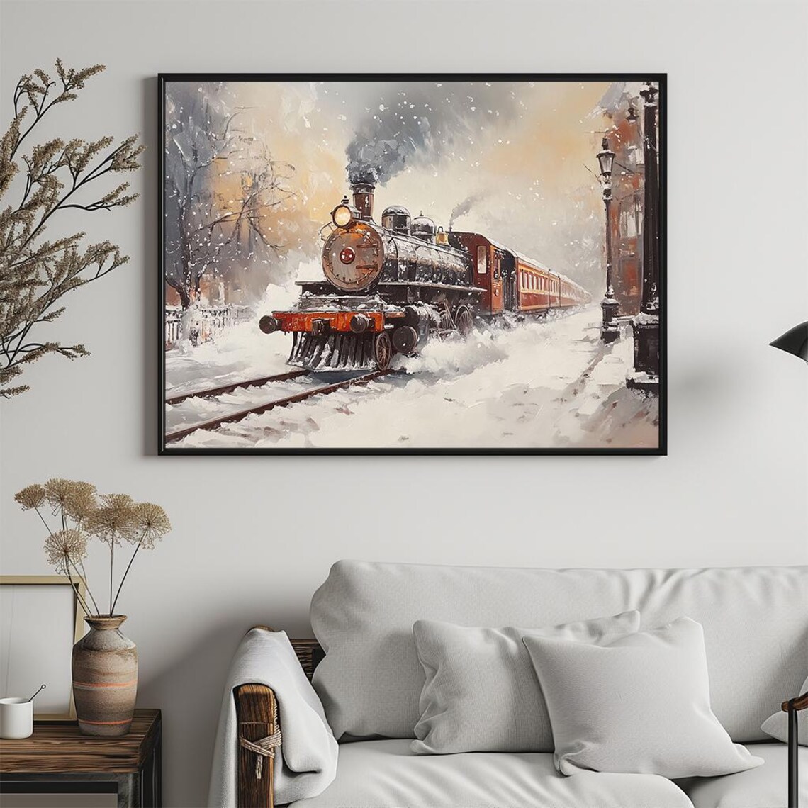 Vintage Steam Train in Snowy Town Winter Oil Painting Poster - Image 5