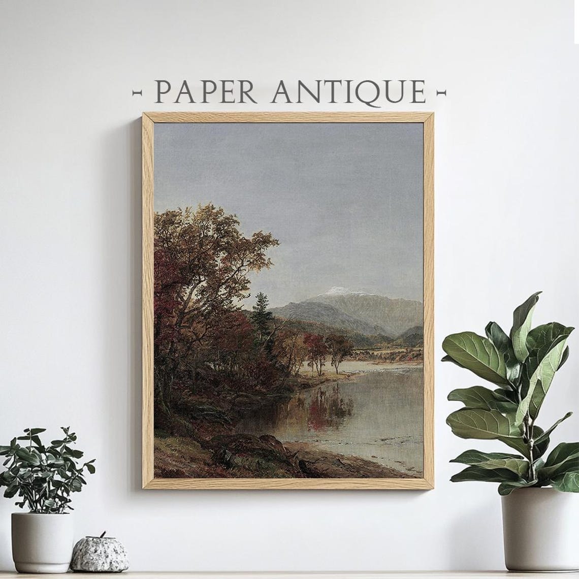 Mountain Lake Autumn Trees Distant Peaks Rustic Painting Poster