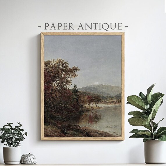 Mountain Lake Autumn Trees Distant Peaks Rustic Painting Poster