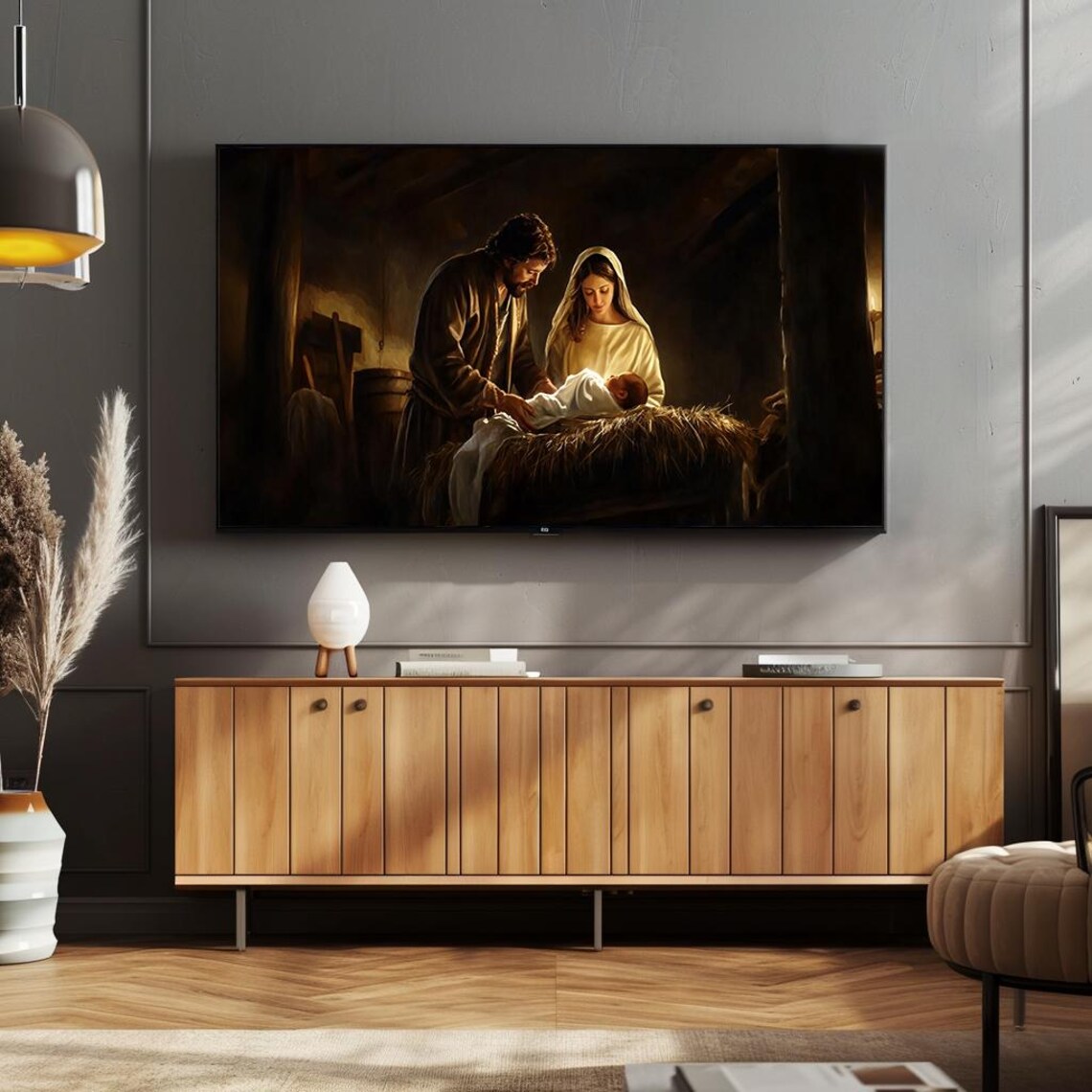 Holy Family Nativity in Rustic Barn Traditional Oil Painting Poster - Image 4