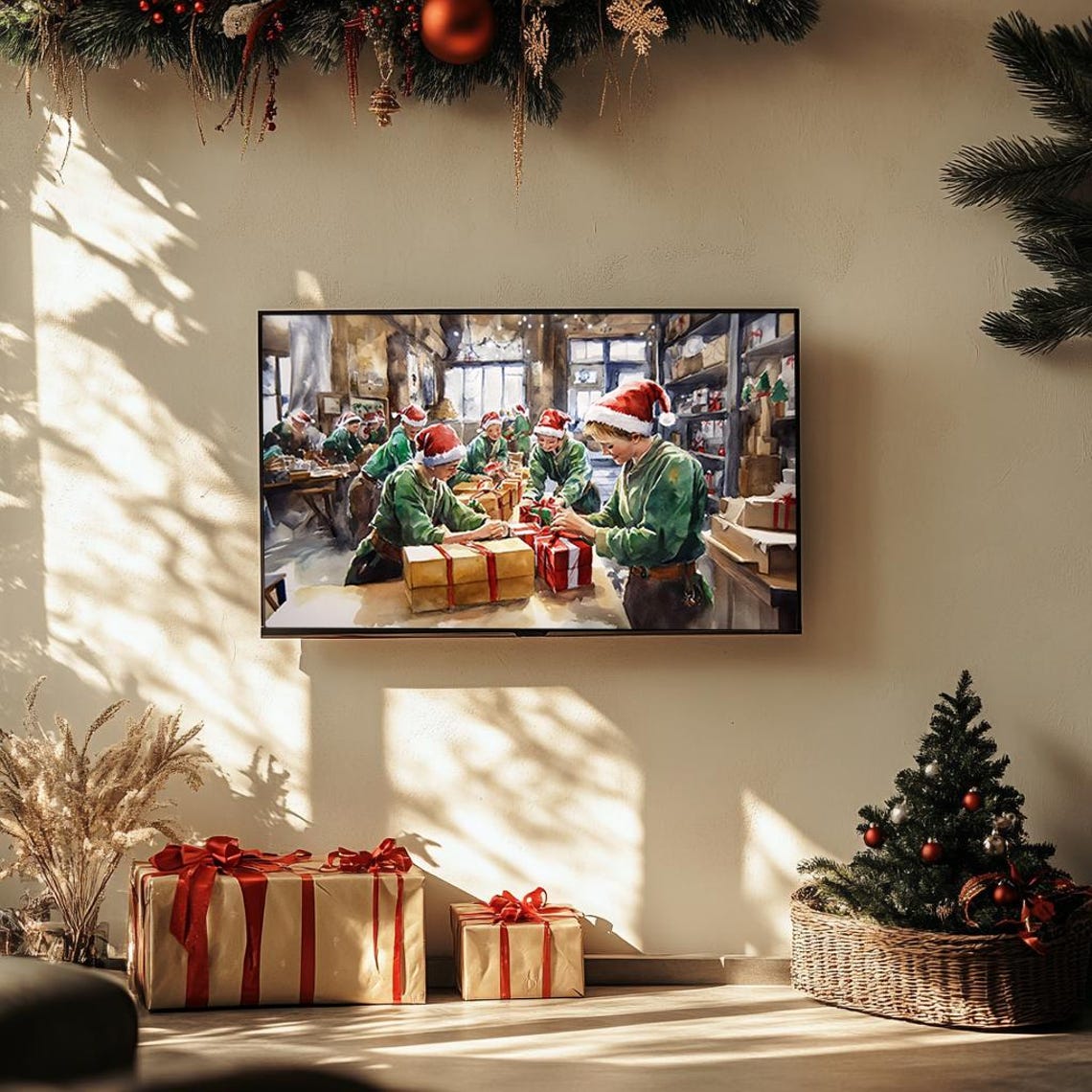 Santas Workshop Elves Wrapping Gifts Festive Watercolor Poster - Image 3
