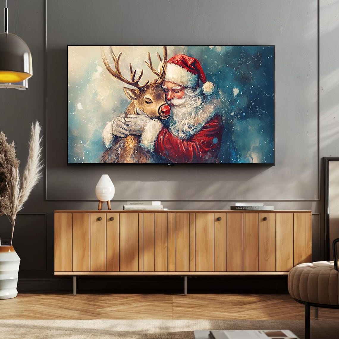 Santa Hugging Rudolph Heartwarming Christmas Painting Poster - Image 4