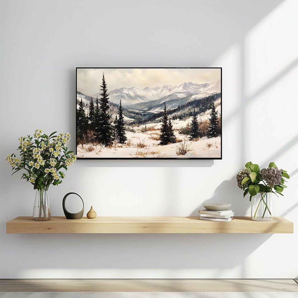 Snow Covered Mountain Valley Pine Trees Winter Scene Art Poster - Image 2