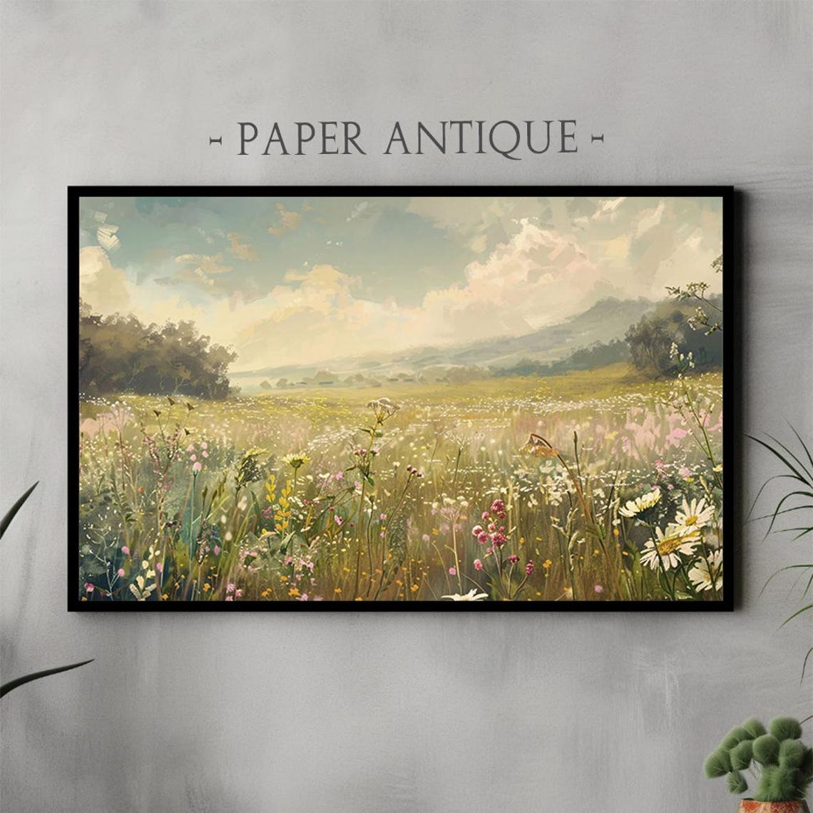 Wildflower Meadow Daisies Rolling Hills Soft Sky Oil Painting Poster