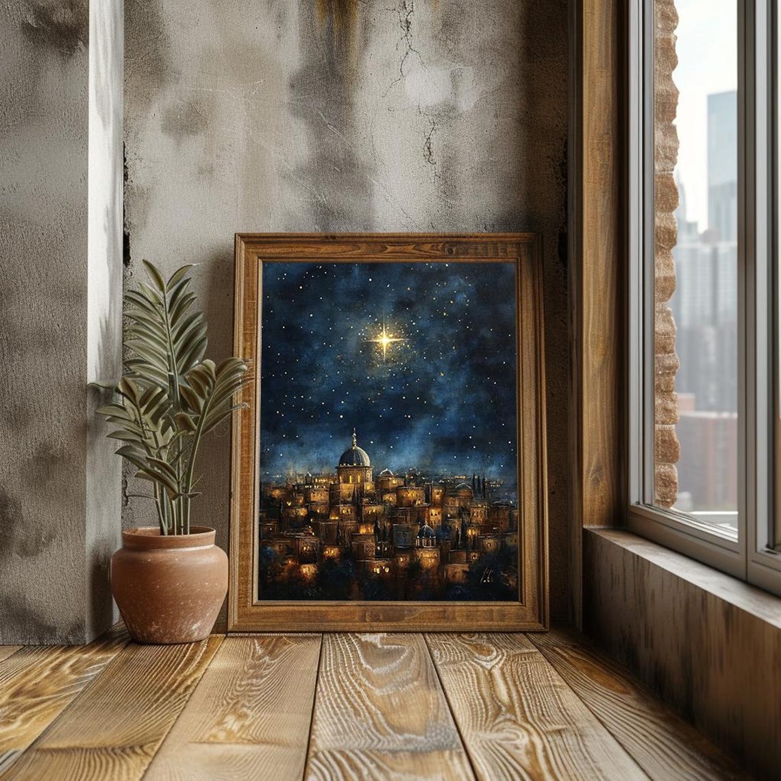 Star Of Bethlehem Over Glowing City Night Sky Christmas Poster - Image 3