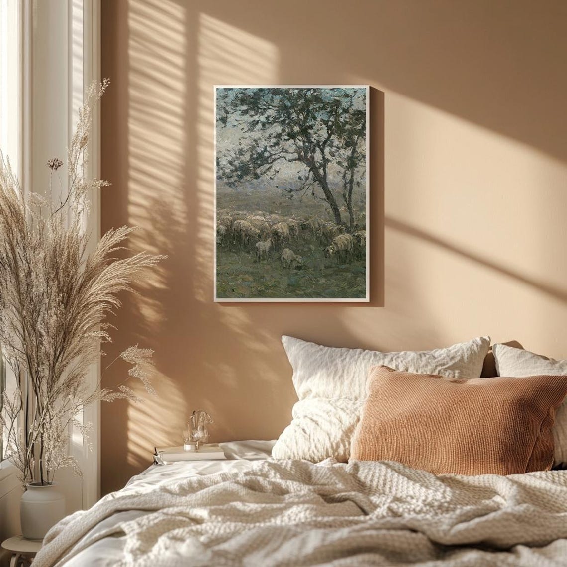Sheep Grazing Under Ancient Trees Pastoral Oil Painting Poster - Image 2