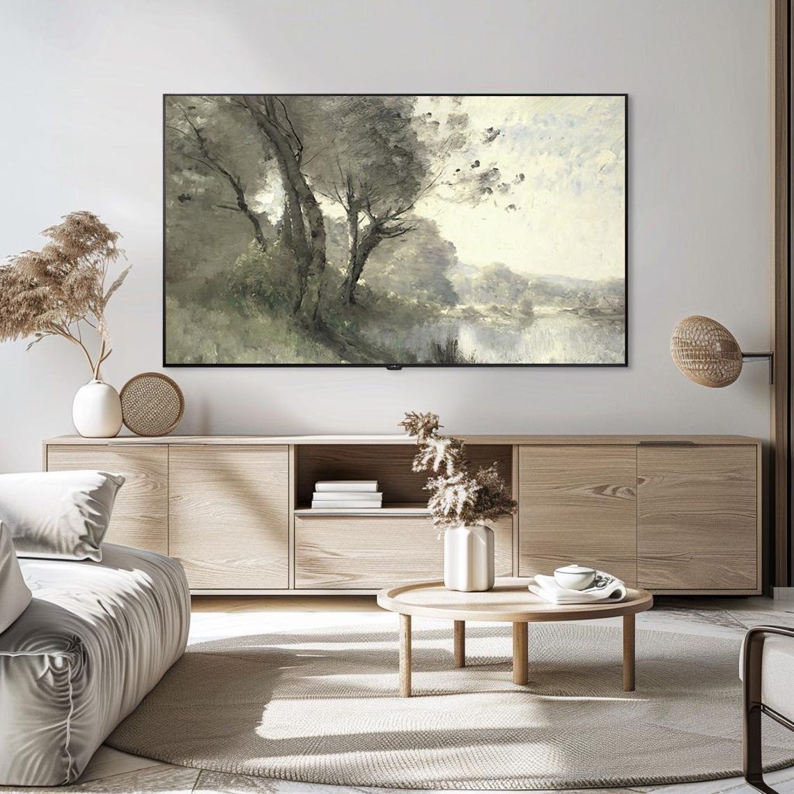 Tall Trees Along Misty Riverbank Romantic Vintage Oil Landscape Poster - Image 5