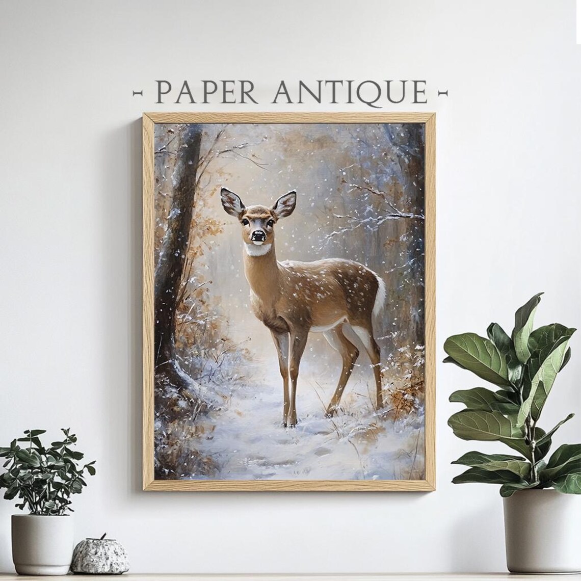 Deer In Snowy Forest Winter Woodland Wildlife Painting Poster - Image 4