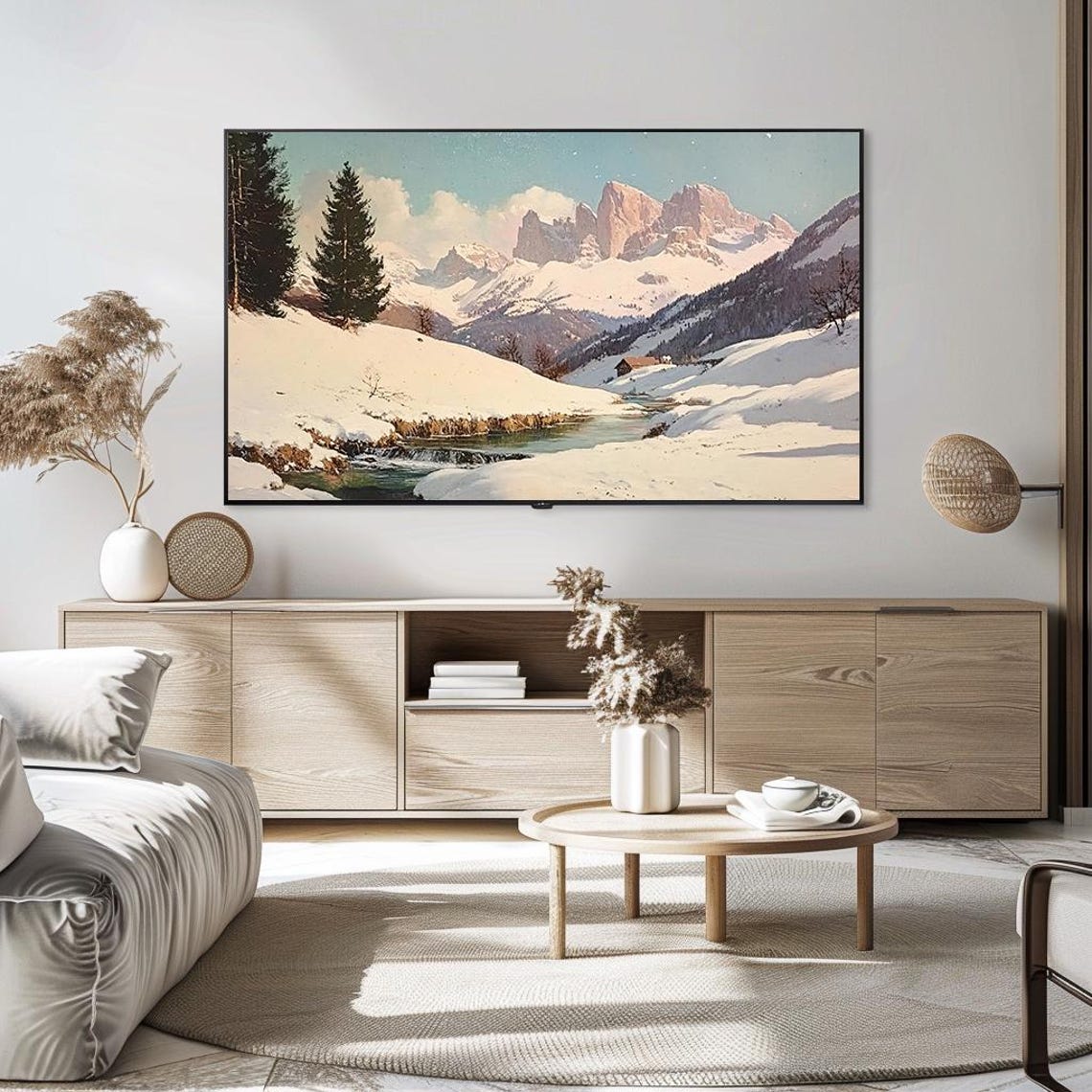 Snowy Alpine Valley Mountain Stream Winter Landscape Art Poster - Image 5