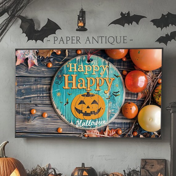 Happy Halloween Teal Round Sign Jack O Lantern Pumpkins Decor Poster