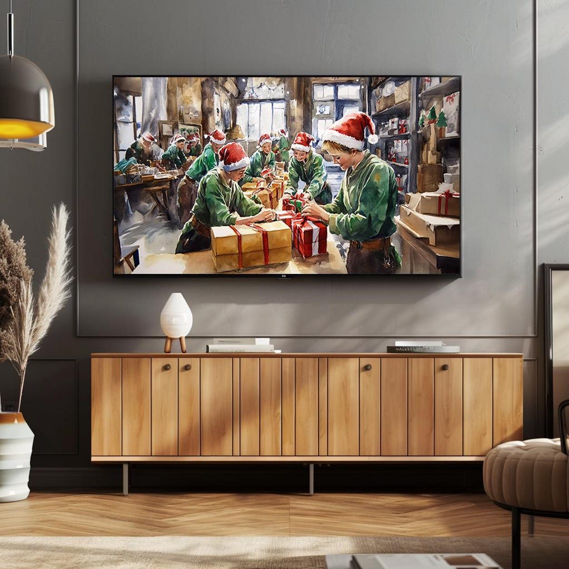 Santas Workshop Elves Wrapping Gifts Festive Watercolor Poster - Image 4