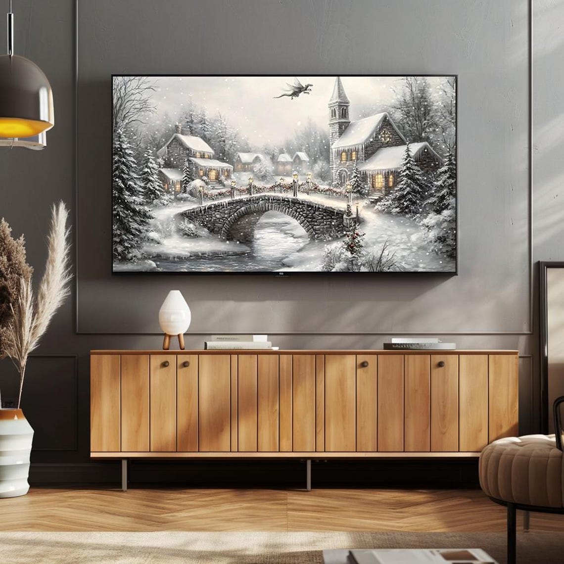Enchanted Winter Village Stone Bridge Church Snow Scene Poster - Image 4