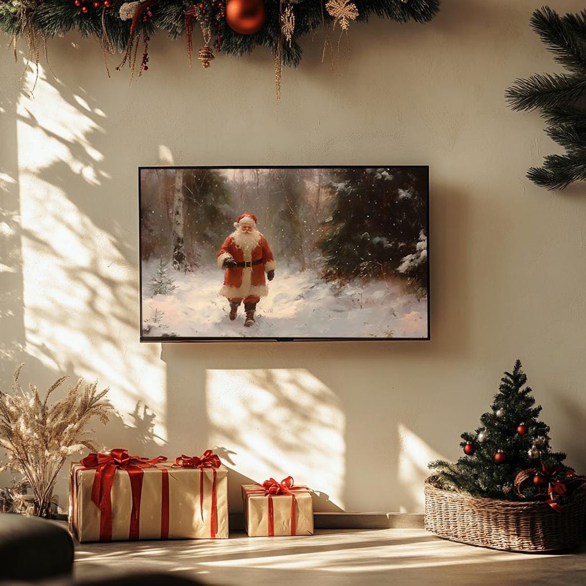 Santa Claus Walking Through Snowy Pine Forest Vintage Art Poster - Image 3