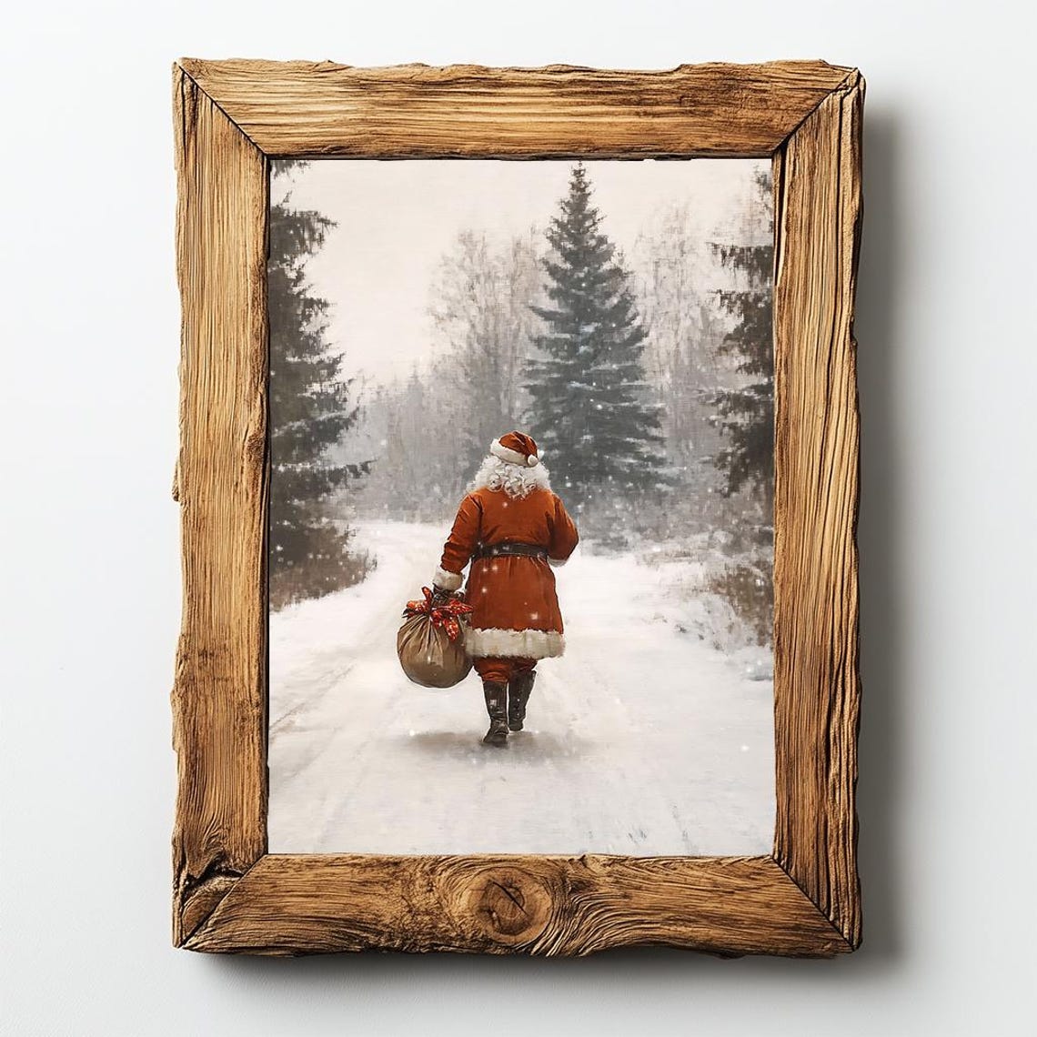 Santa Claus with Gift Sack Walking Through Snowy Forest Poster - Image 2