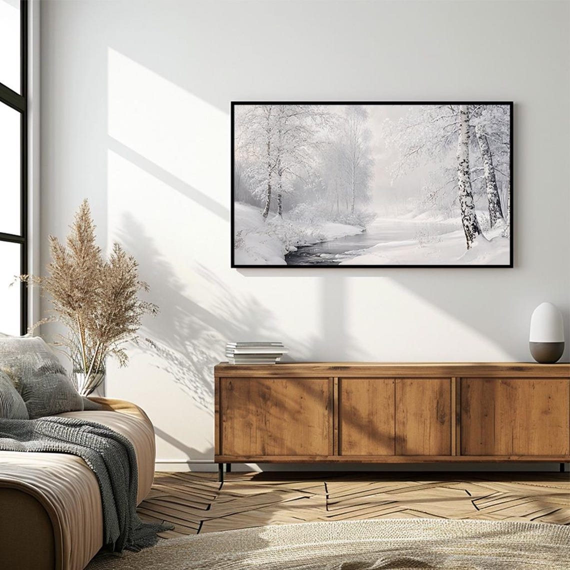 Snowy Birch Trees By Frozen Stream White Winter Nature Poster - Image 4