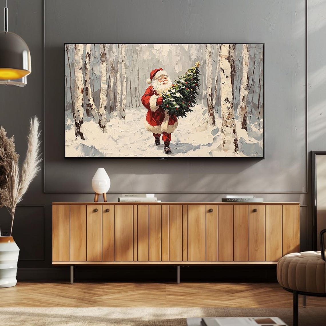 Santa Carrying Christmas Tree Snowy Birch Forest Painting Poster - Image 4