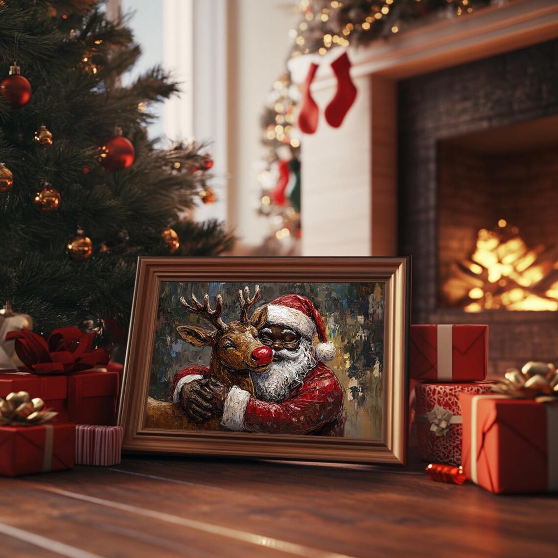 Santa Hugging Reindeer Textured Oil Painting Heartwarming Poster - Image 3