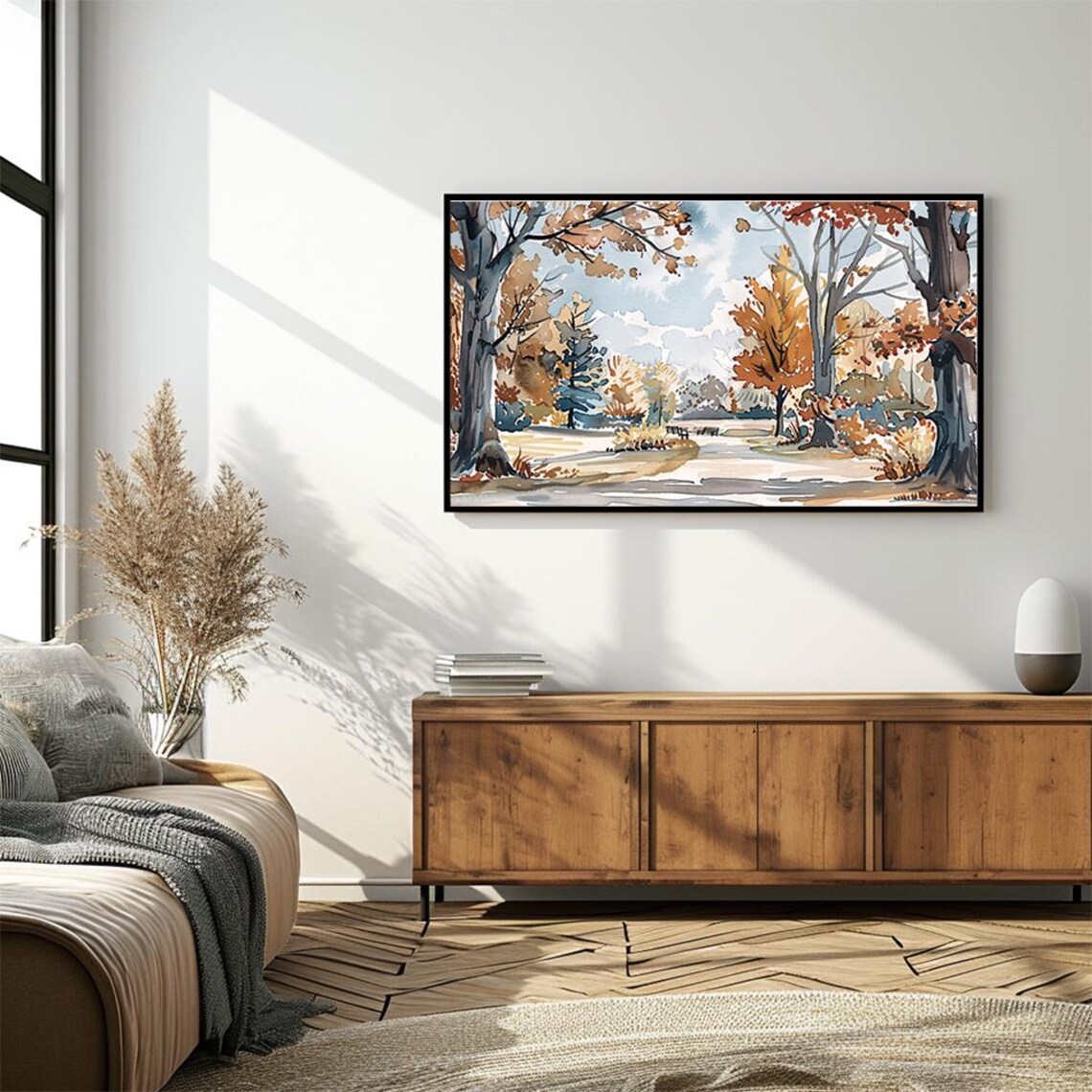 Autumn Park Watercolor with Benches Golden Trees Scene Poster - Image 4