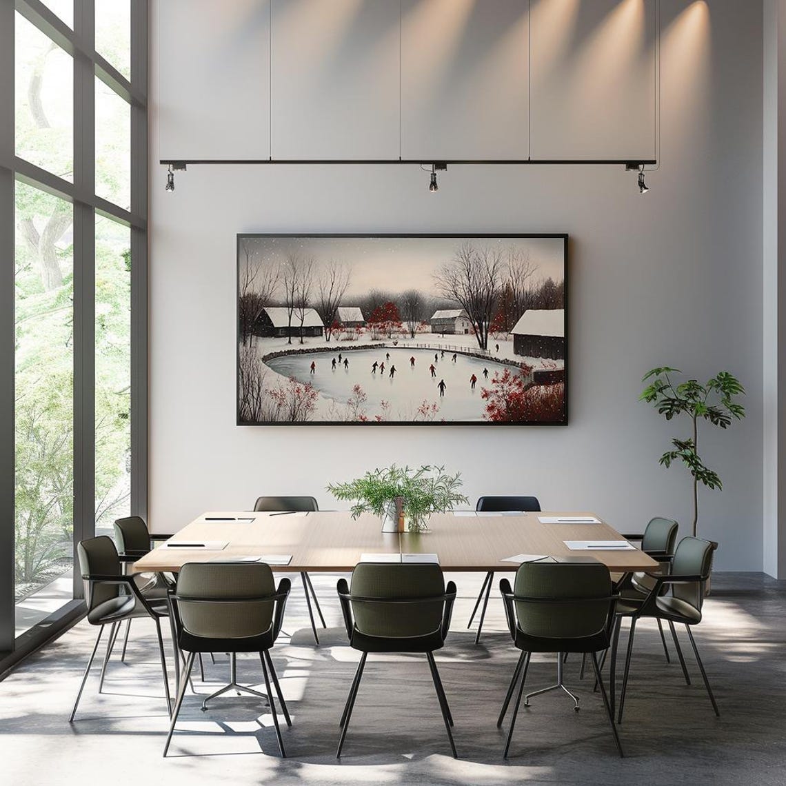 Frozen Farm Pond Ice Skaters Winter Landscape Rustic Painting Poster - Image 3
