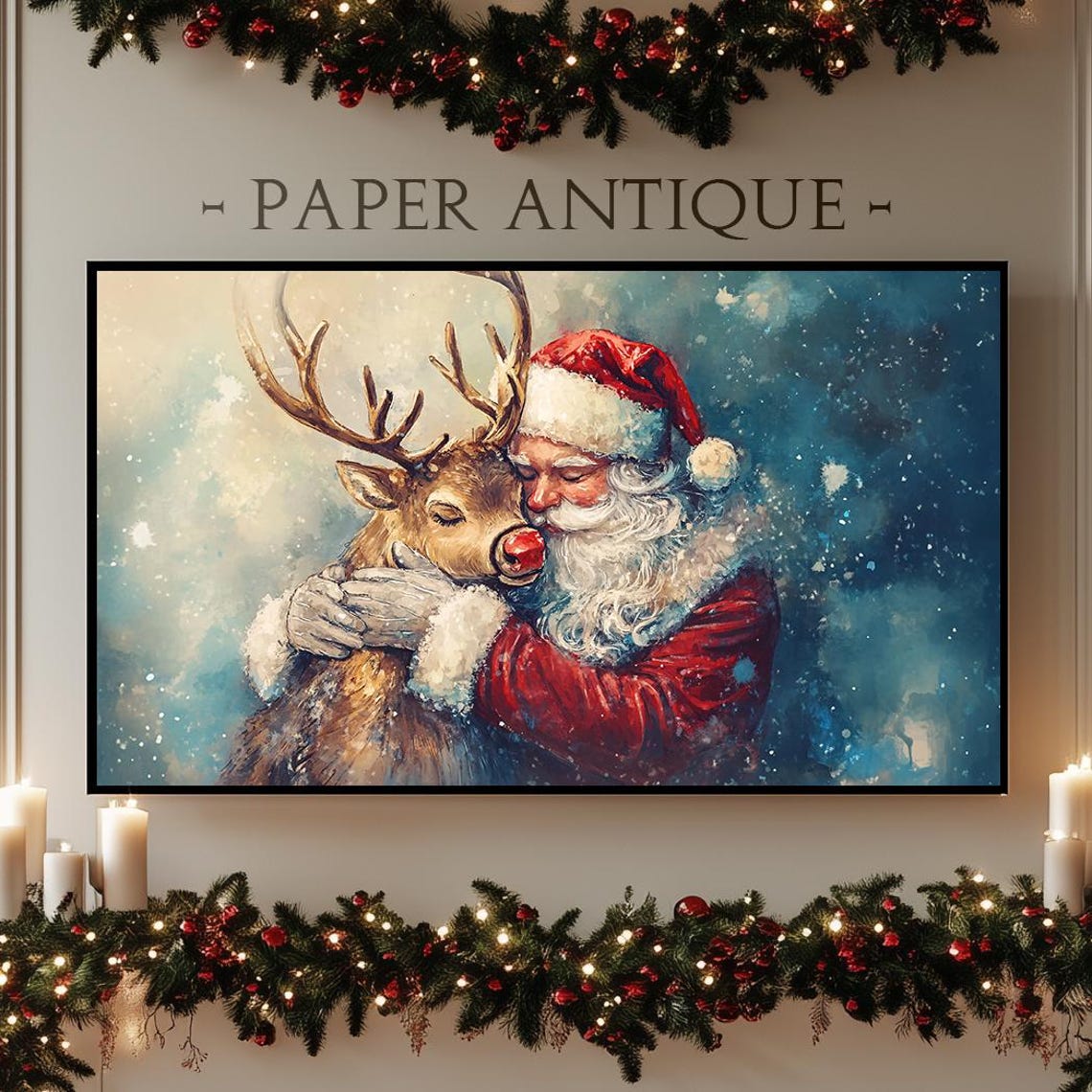 Santa Hugging Rudolph Heartwarming Christmas Painting Poster