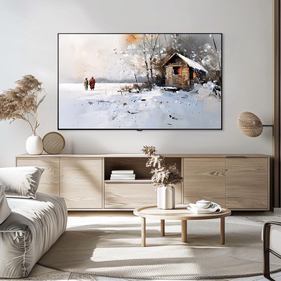 Snowy Log Cabin in Winter Two Walkers Impressionist Art Poster - Image 5