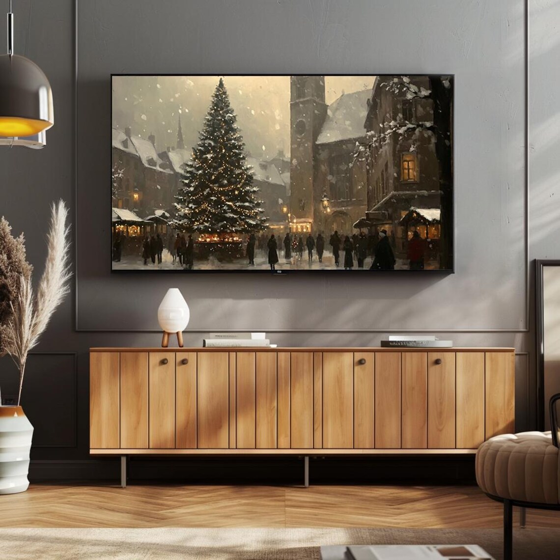 Christmas Market Town Square With Grand Lit Tree Snowy Art Poster - Image 4