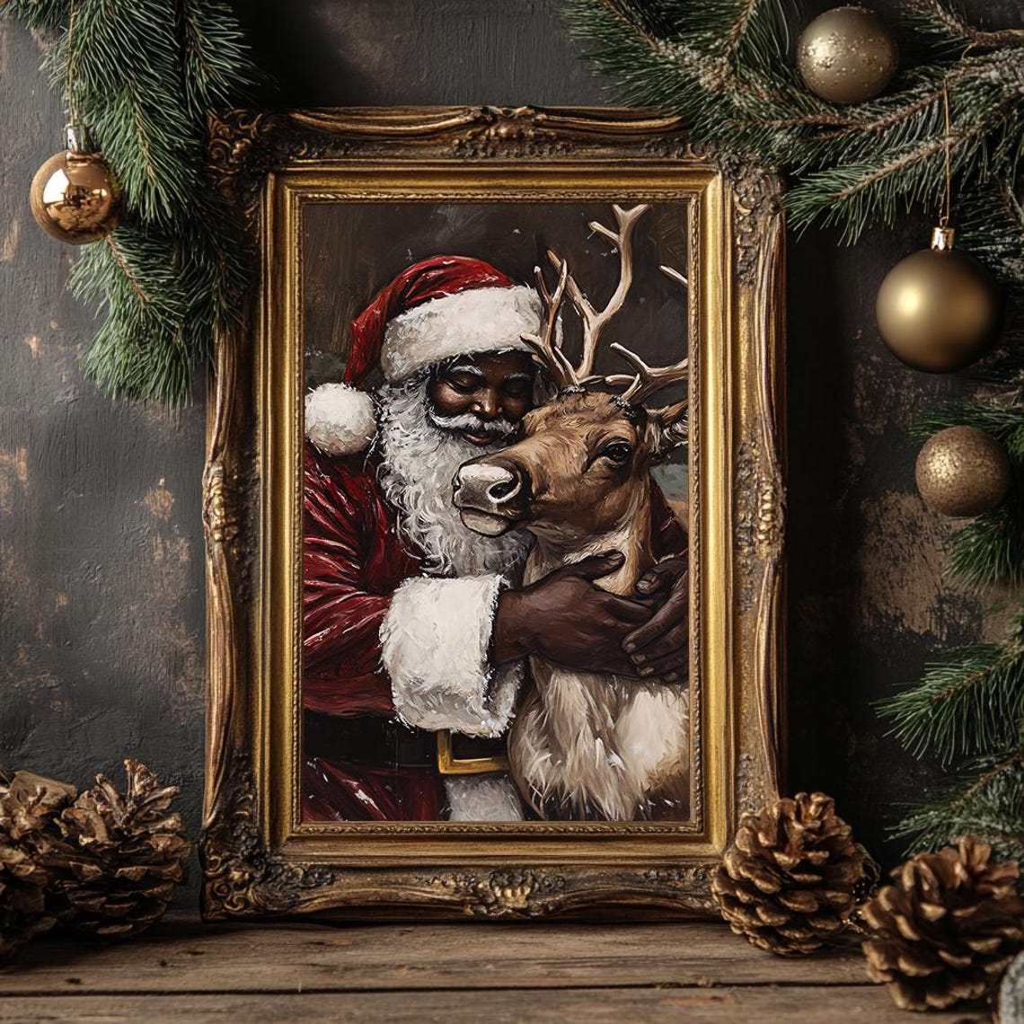 Black Santa Claus Hugging Reindeer Warm Painterly Christmas Poster - Image 4