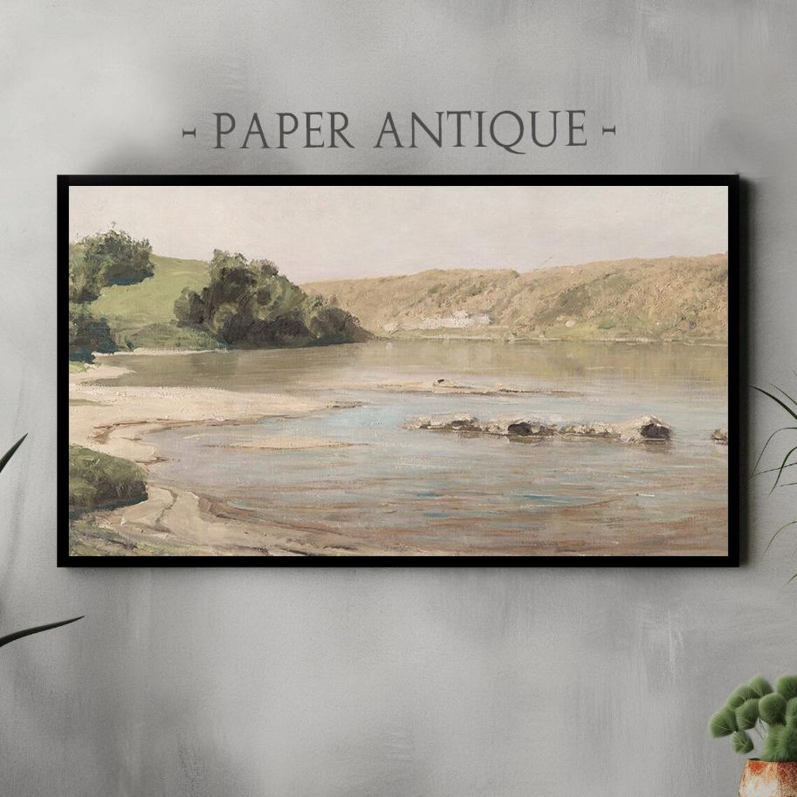 Quiet Riverbank Lake Hills Vintage Calm Water Landscape Poster