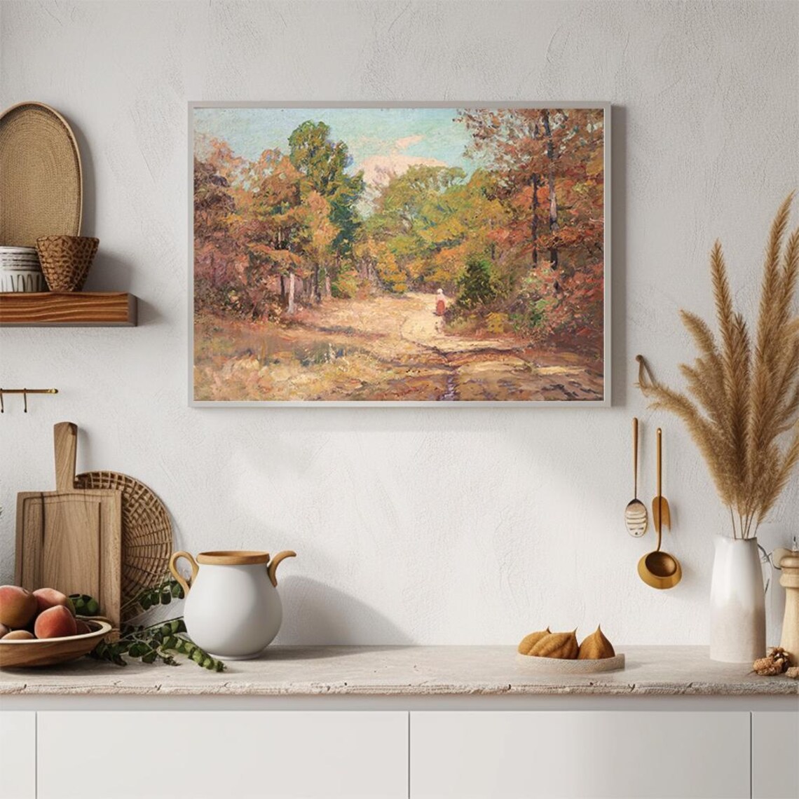 Autumn Woodland Trail Figure In Red Dress Fall Path Painting Poster - Image 4