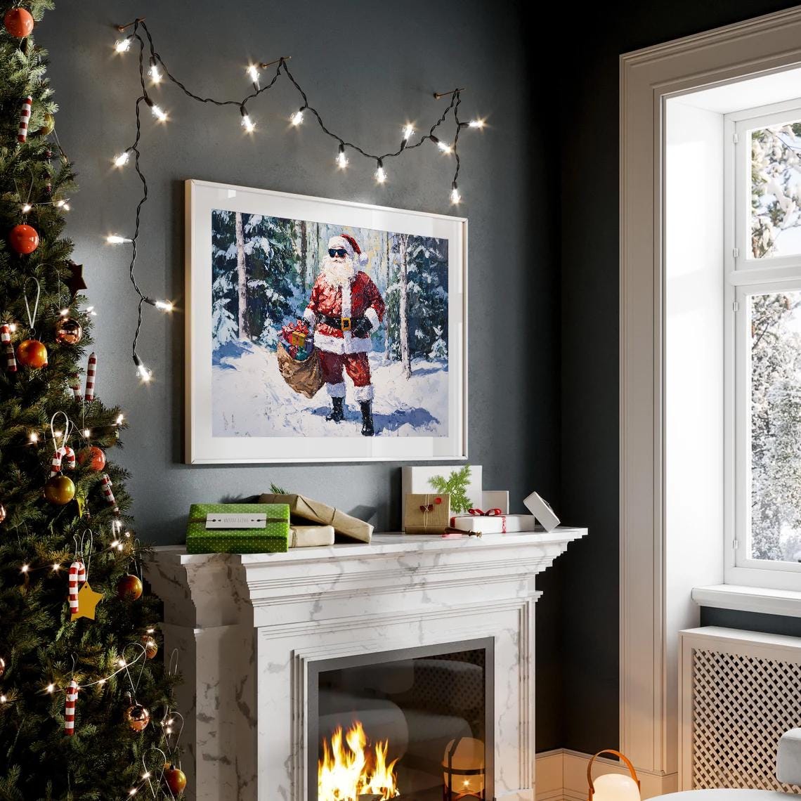 Cool Santa Sunglasses Gift Sack Snowy Forest Impasto Art Poster - Image 2