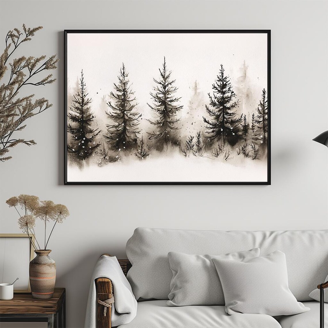 Black Ink Pine Trees Winter Watercolor Minimalist Forest Poster - Image 5