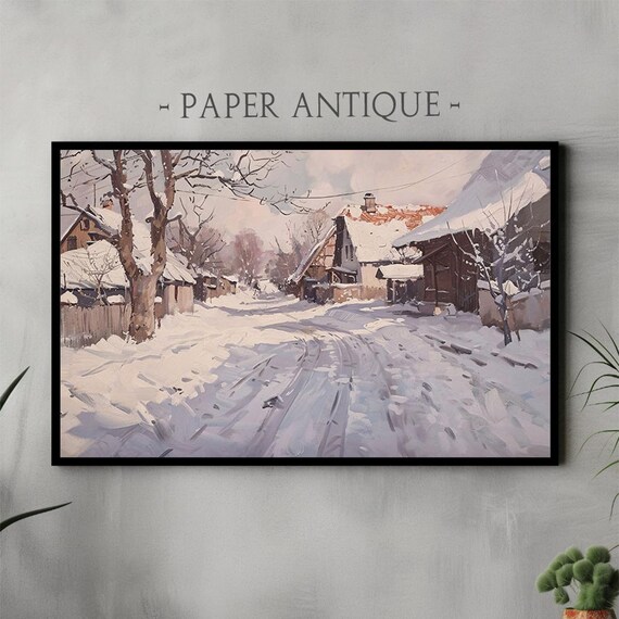 Quiet Snowy Village Street on a Winter Morning Cottage Art Poster