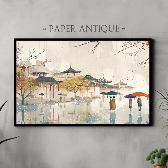 Frame Tv Art Traditional Asian Landscape With Umbrellas Serene Village Scene With Cherry Blossoms And Temples Instant