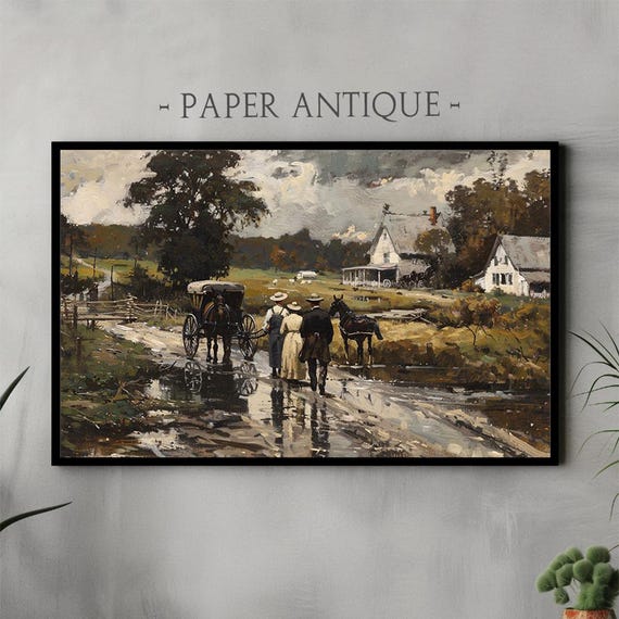 Art For Frame Tv Vintage Countryside Scene With Carriage And People Rustic Farmhouse Frame Tv Art Instant