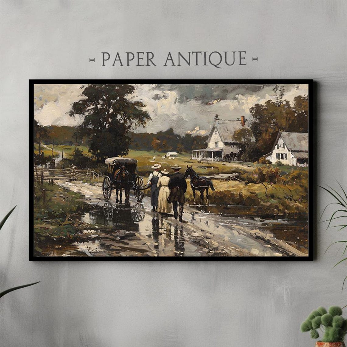 Horse Drawn Carriage on Vintage Countryside Road Scene Poster