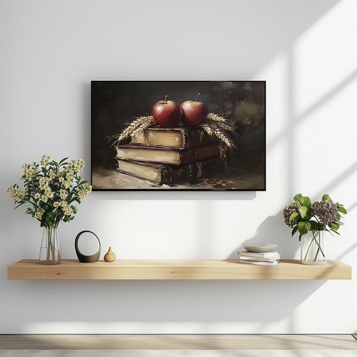 Rustic Still Life Apples on Vintage Books and Wheat Oil Poster - Image 2