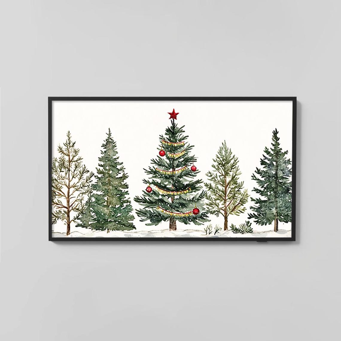 Christmas Tree Forest Watercolor Red Star Holiday Art Poster - Image 2