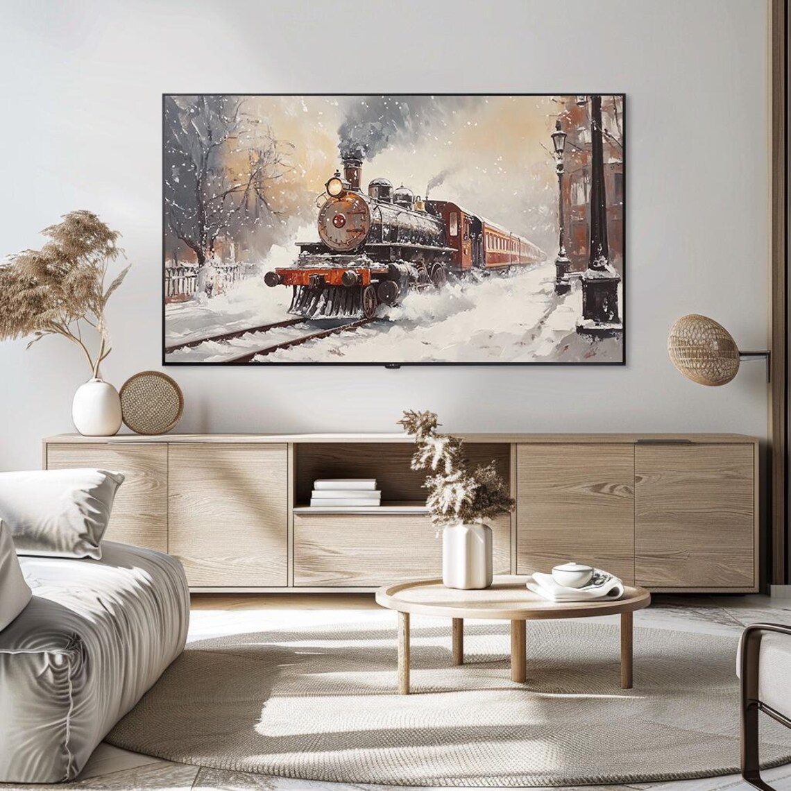 Vintage Christmas Steam Train in Snowy Town Oil Art Scene Poster - Image 5