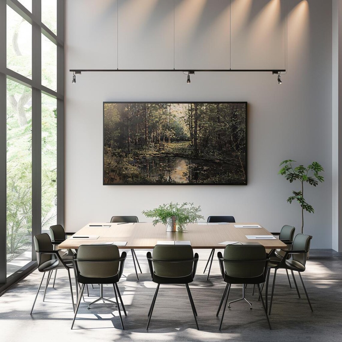 Tranquil Forest Pond Painting Dark Green Woodland Scenery Poster - Image 3