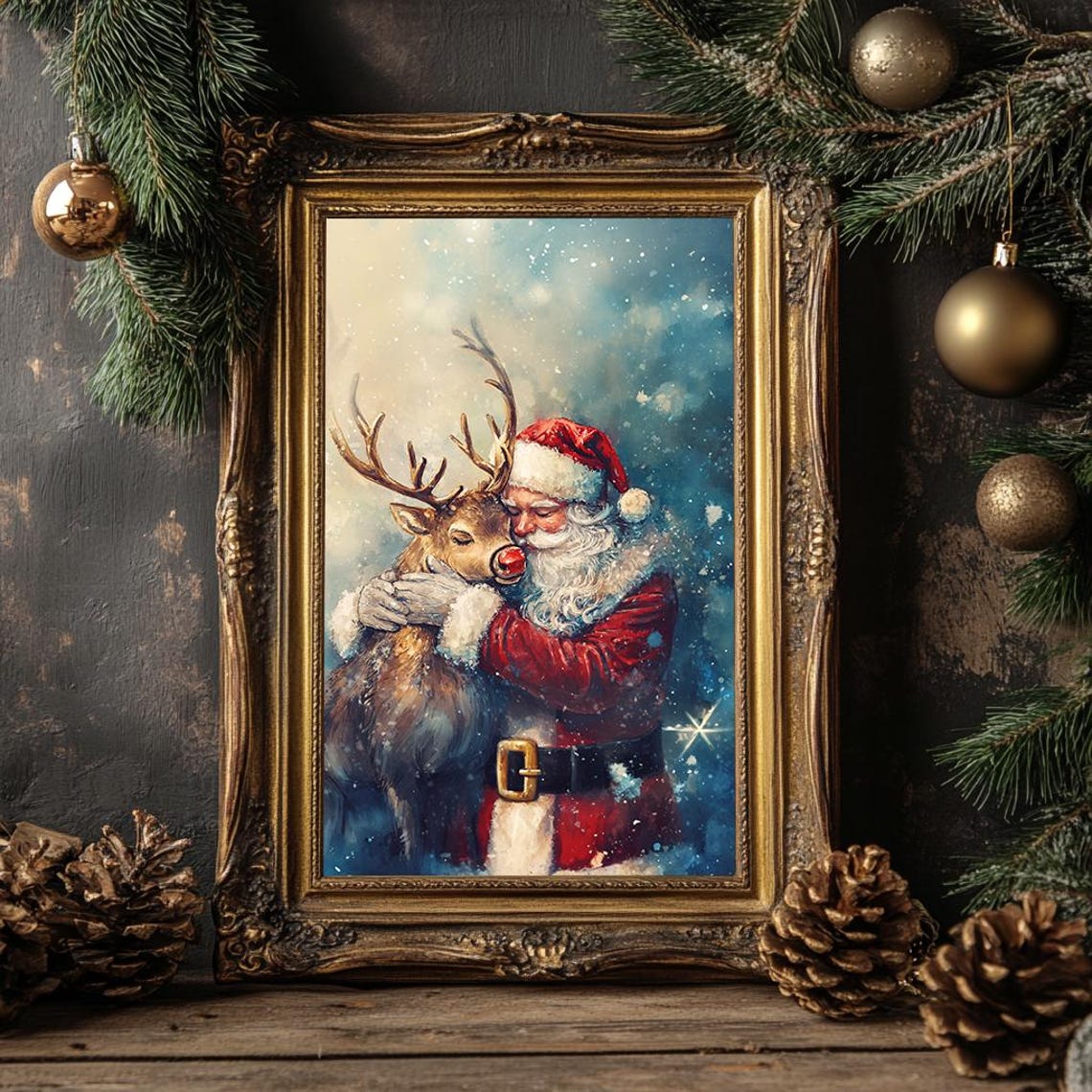 Santa Claus Hugging Reindeer Snowy Night Painterly Christmas Poster - Image 4