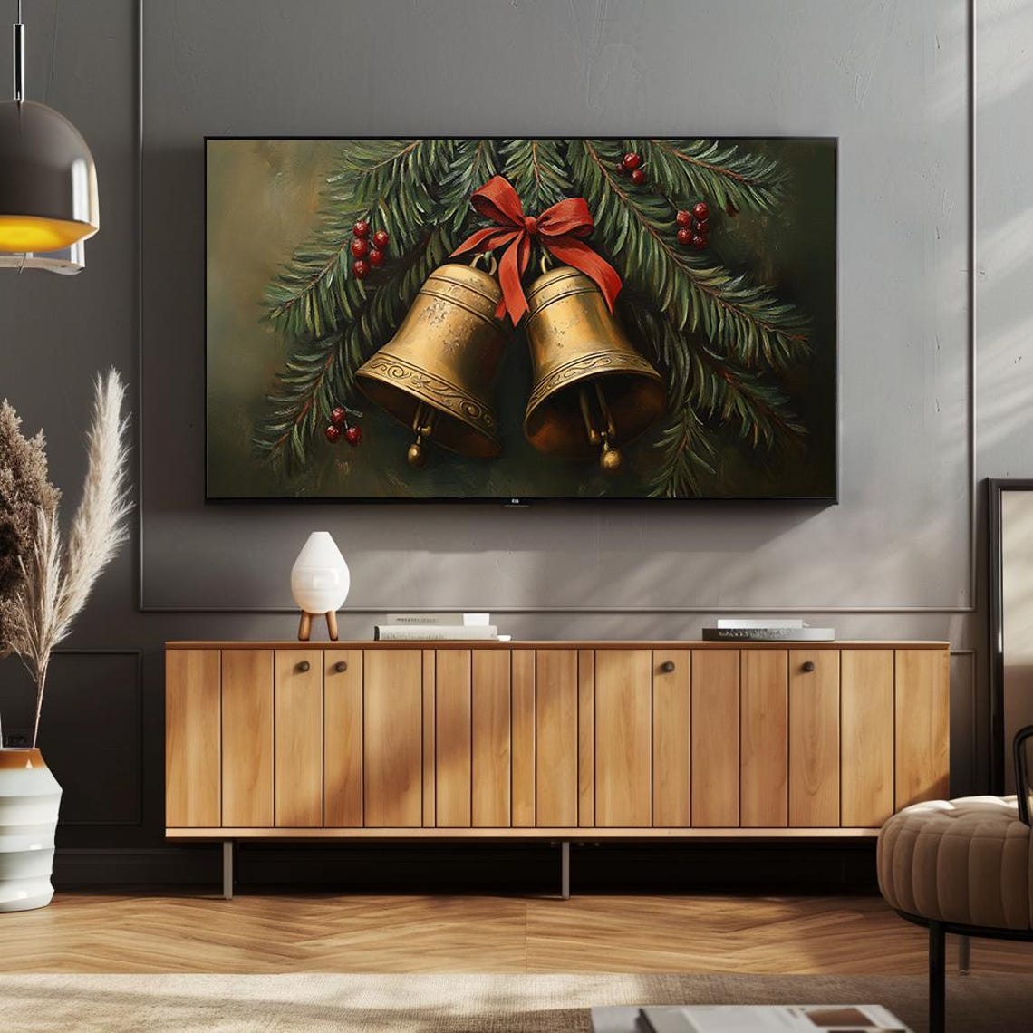 Golden Christmas Bells With Red Bow On Pine Branches Holiday Poster - Image 4