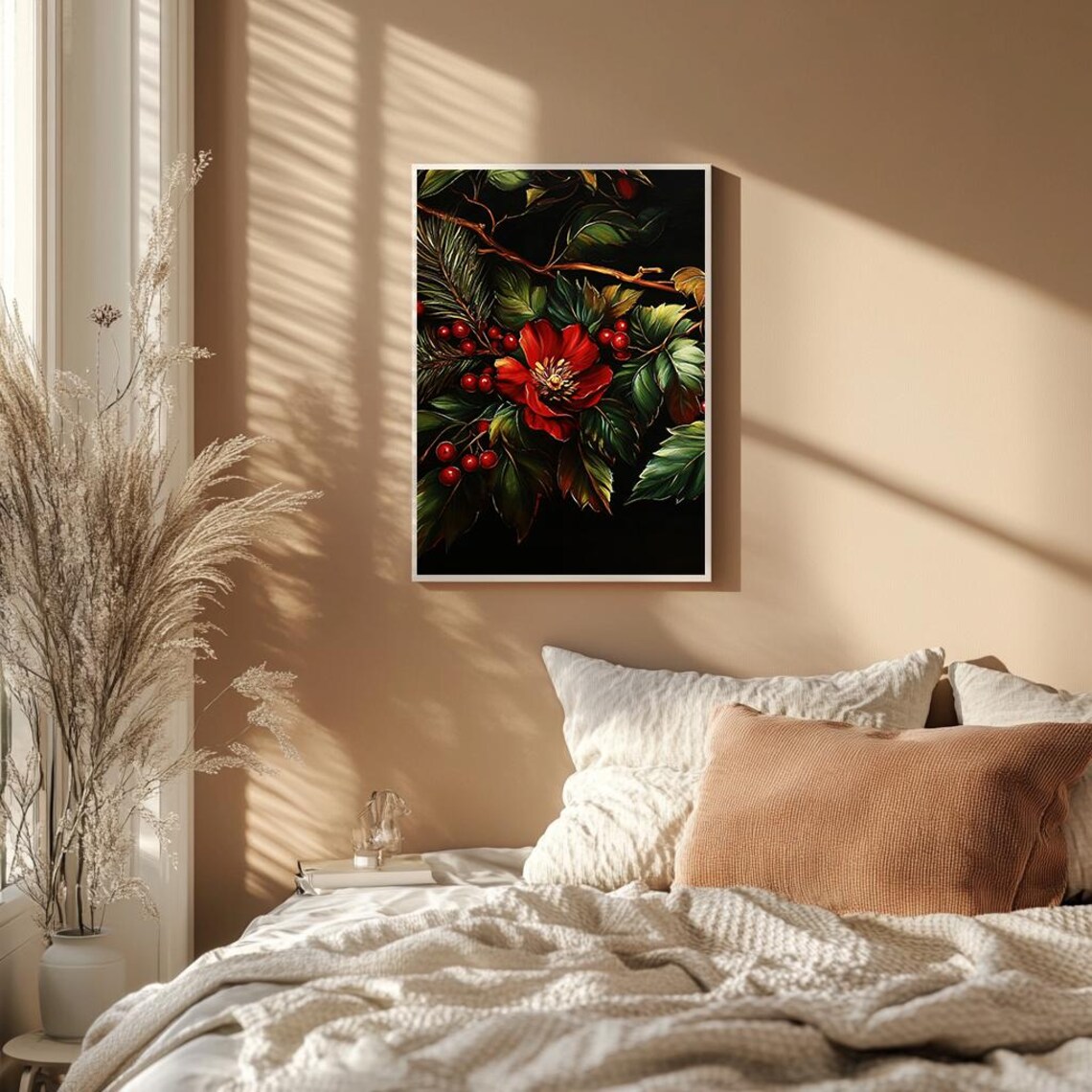 Christmas Floral Arrangement Red Poinsettia And Berries Vintage Holiday Oil Painting Wall Art Print Pt - Image 2