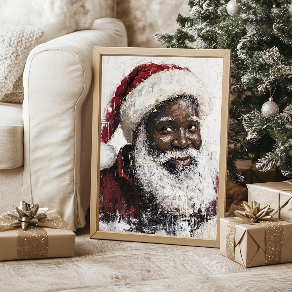 Black Santa Claus Portrait in Snowy Impasto Style Christmas Poster - Image 5