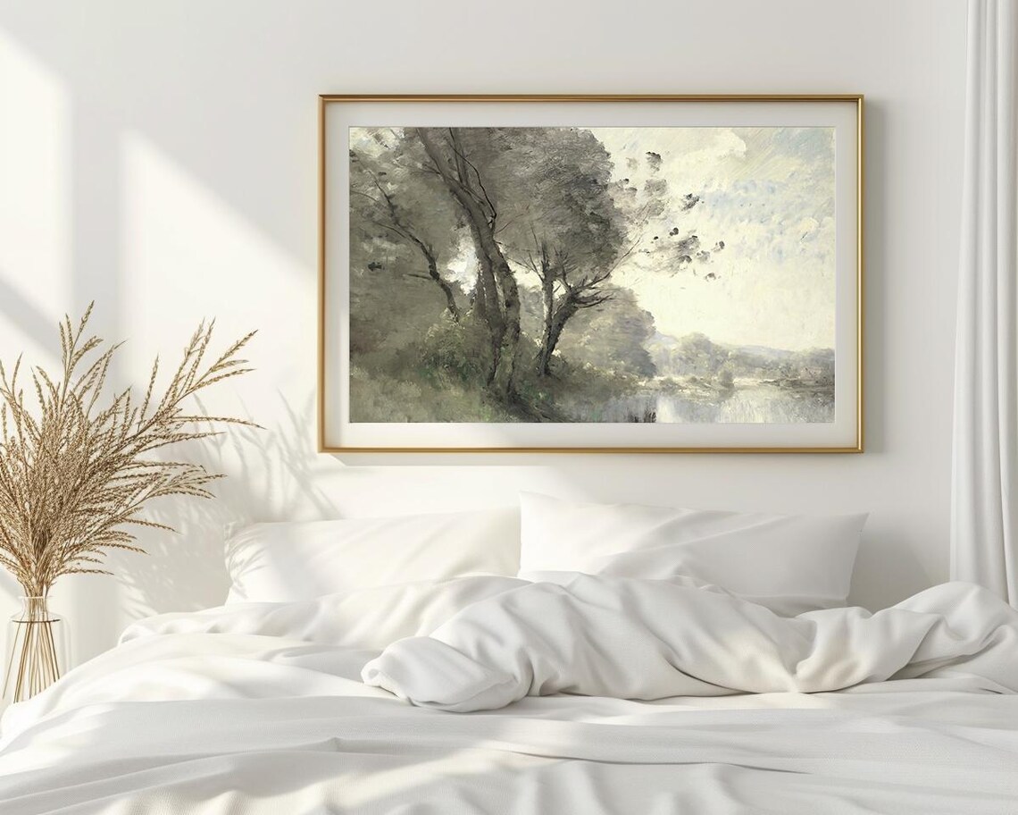 Peaceful Riverbank Trees Misty Water Morning Light Painting Poster - Image 2