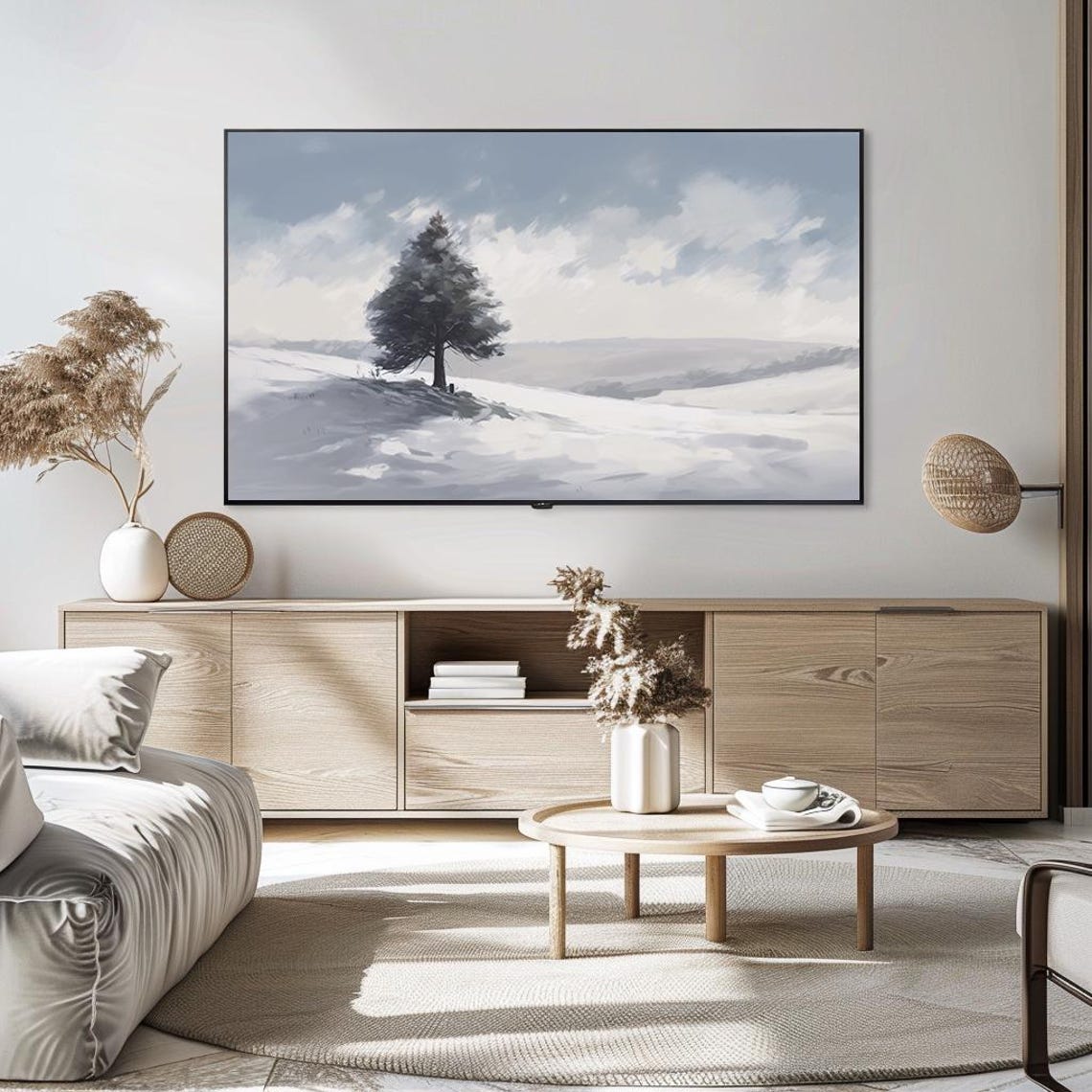 Lone Pine On Snowy Hillside Minimalist Blue Winter Panorama Poster - Image 5
