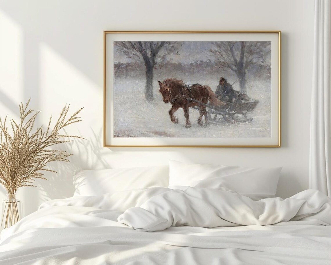 Horse Drawn Sleigh Snowstorm Winter Ride Vintage Oil Painting Poster - Image 2