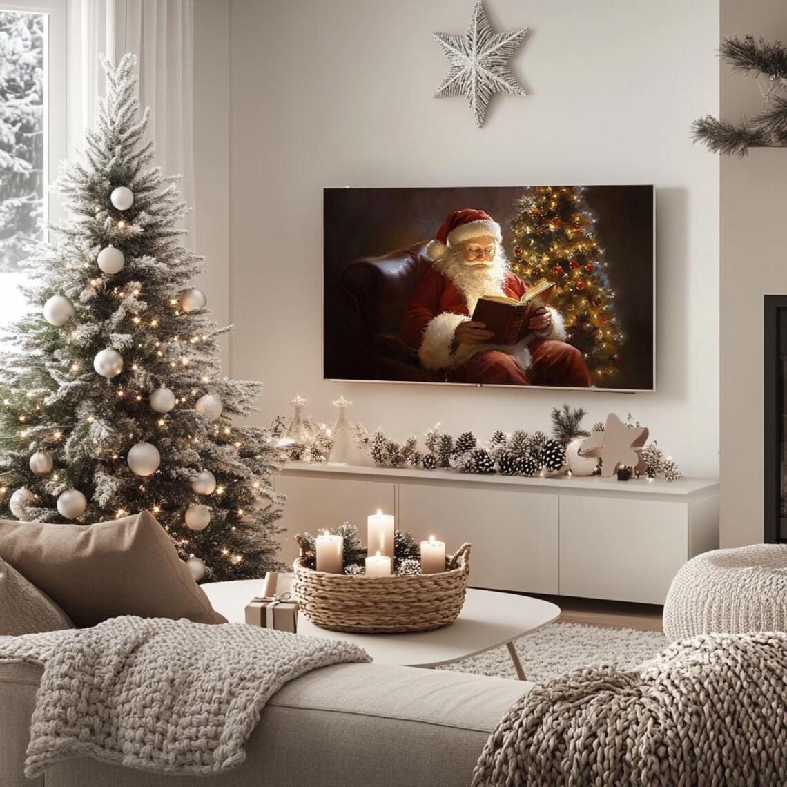 Santa Claus Reading By Christmas Tree In Leather Chair Holiday Poster - Image 5
