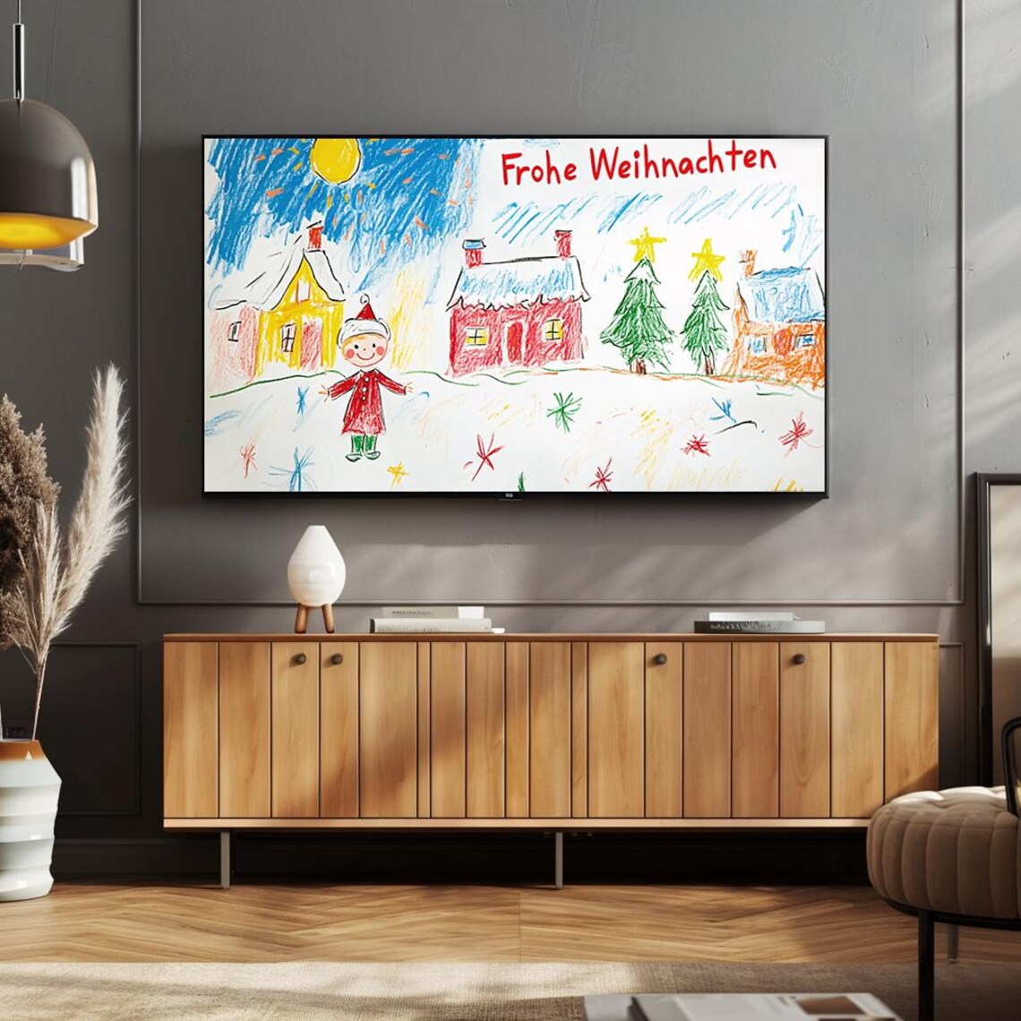 Frohe Weihnachten Kids Crayon Drawing Christmas Village Holiday Poster - Image 4
