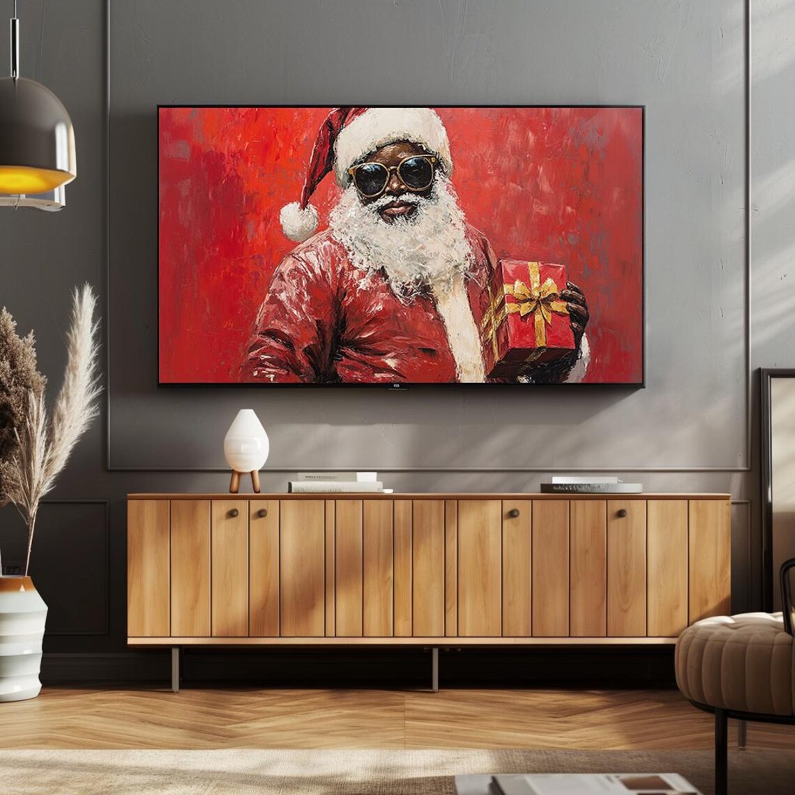 Cool Santa Sunglasses Holding Gift Bold Red Oil Painting Poster - Image 4